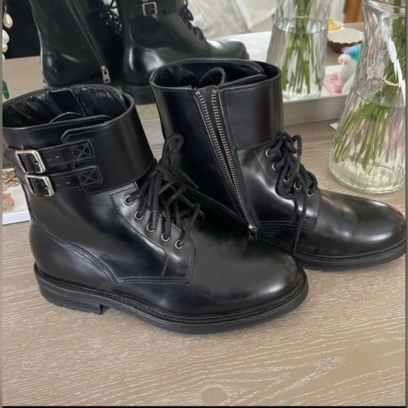 All Saints Shoes - All Saints Donita Black Leather Combat Boots 37 Lace Up Zip Buckle Lug Sole